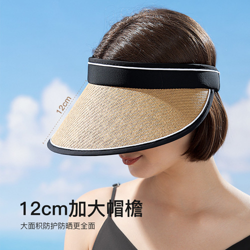 Summer raffia hat for women outdoor sunshade black plastic large brim sun protection hat light and breathable empty top hat XMZ257