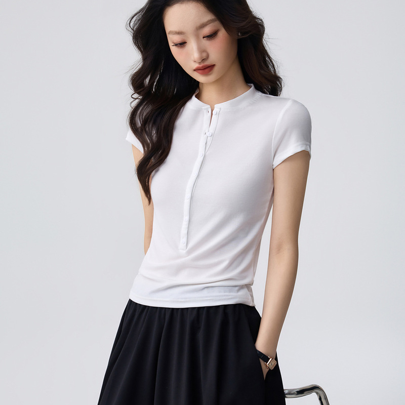 Tencel Lyocell Henley Collar Short-Sleeve T-Shirt for Women, New Summer Style with a Stylish Design, Buttoned, Slimming, Versatile Top Tencel Lyocell Henley Collar Short-Sleeve T-Shirt for Women, New Summer Style with a Stylish Design, Buttoned, Slimming, Versatile Top