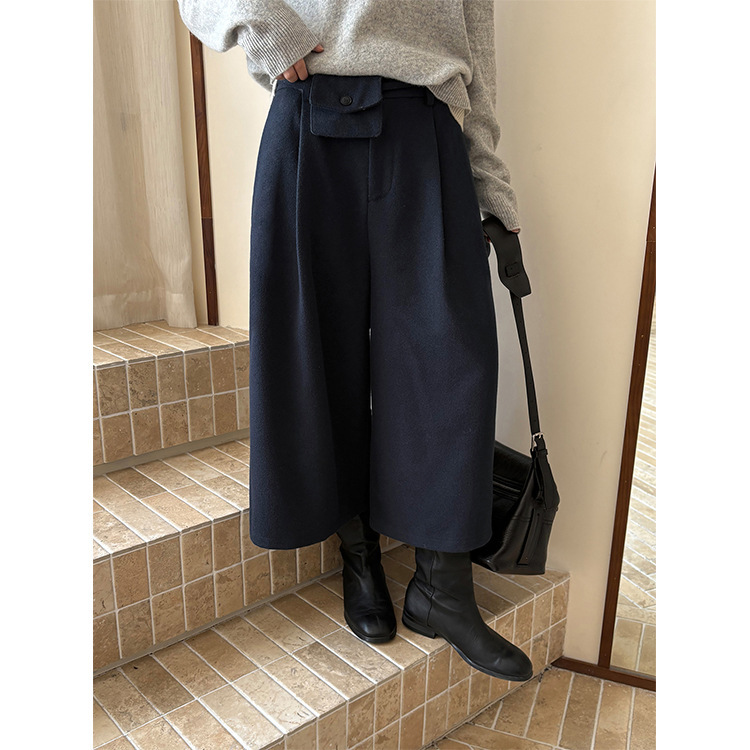 Tg Fashionable Wide-Leg A-Line Woolen Pants with Waist Bag for Women 2025 Winter New Pleated Wide-Leg Cropped Pants 25968