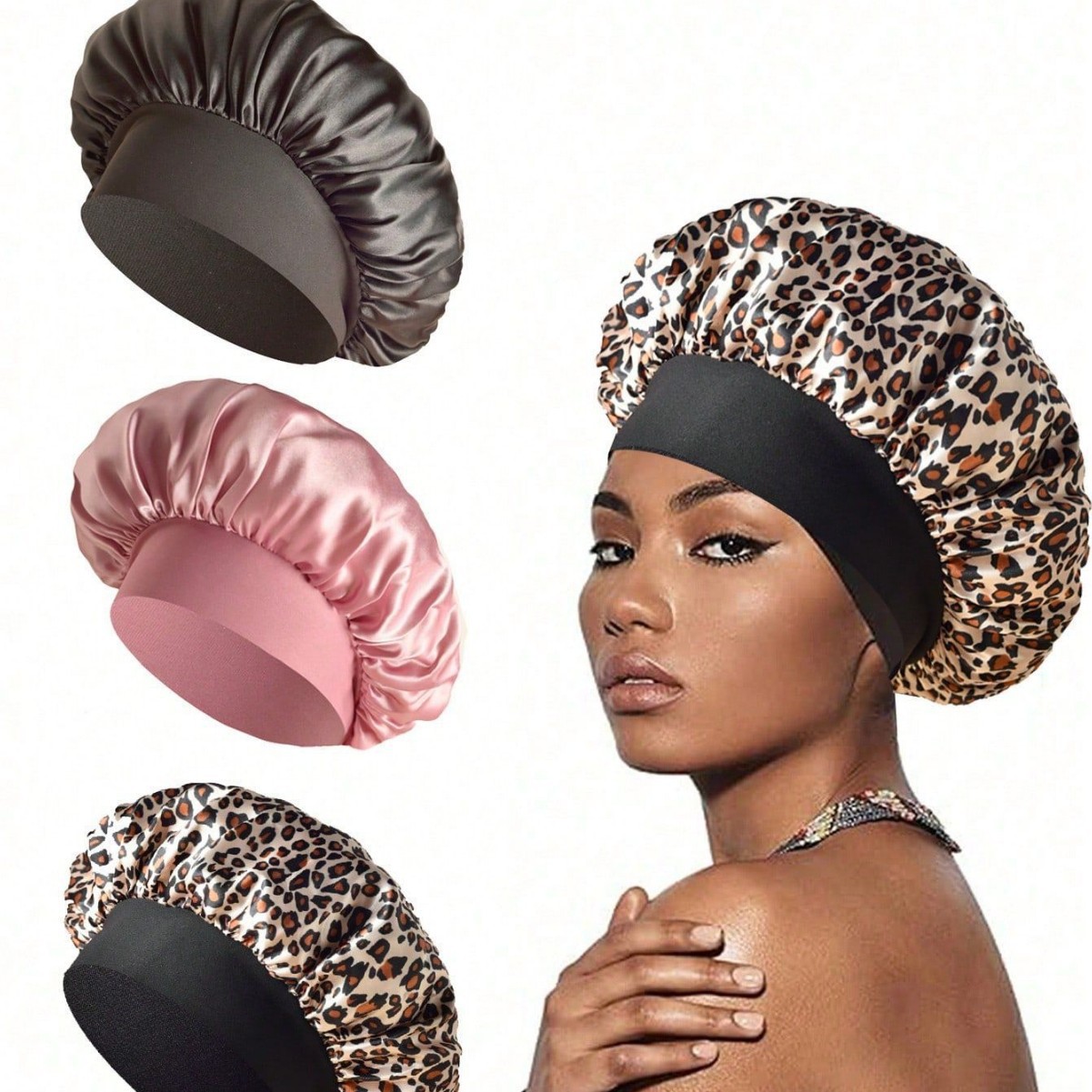 跨境缎面豹纹时尚高级感高弹力睡帽宽条宽边圆帽美容护发帽子女士