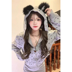 美式复古碎花小耳朵连帽拉链卫衣女款秋冬小个子高级宽松外套上衣
