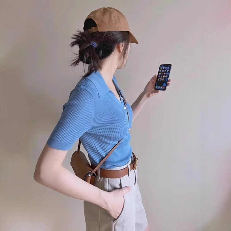 French Blue Polo Collar Shoulder Short-Sleeved T-Shirt Women's Summer Slim-Fit Slimming Sweater Western Style Unique Chic Top