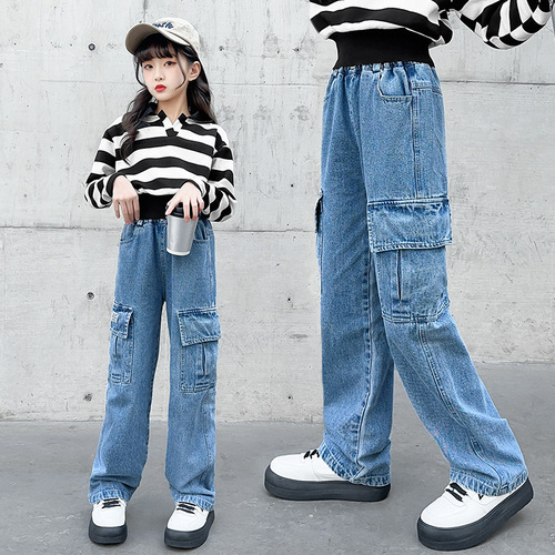 2024 Spring Girls New Workwear Denim Wide Leg Pants Middle and Large Children Spring and Autumn Korean Style Loose Pants Foreign Trade