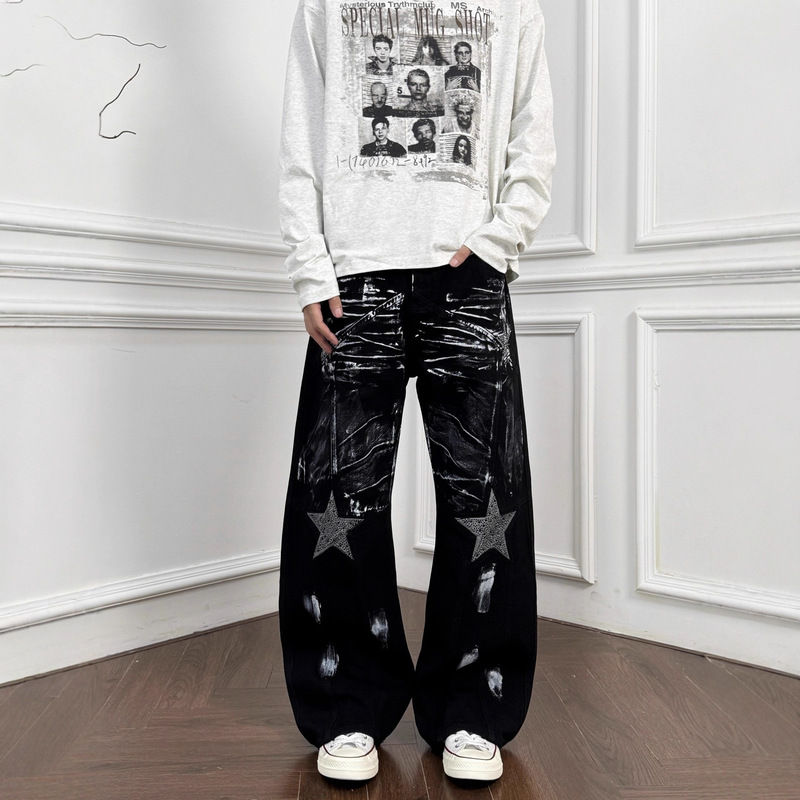 American Retro Five-Pointed Star Graffiti Scimitar Jeans for Men and Women, Street Style Punk Casual Wide-Leg Pants Trendy American Retro Five-Pointed Star Graffiti Scimitar Jeans for Men and Women, Street Style Punk Casual Wide-Leg Pants Trendy
