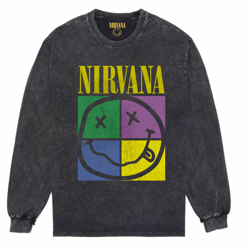 Nirvana Vintage American retro apenado rock punk angustiado lavado batik Camiseta de manga larga