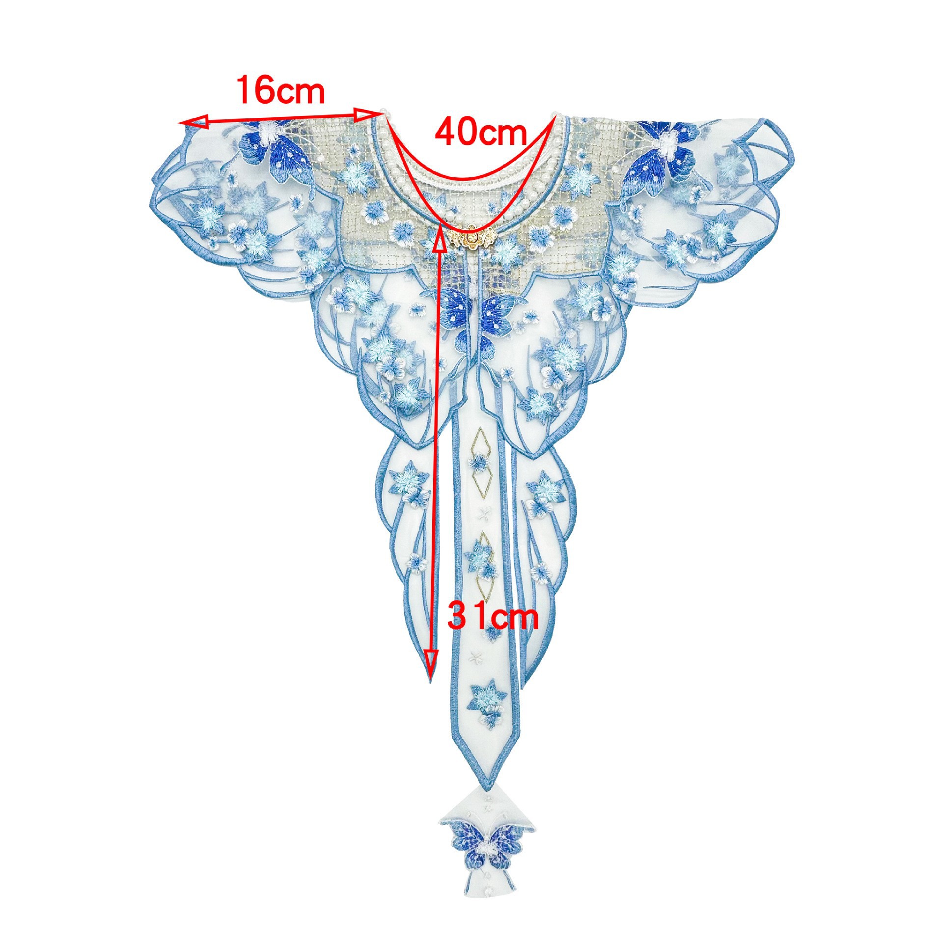 Cuello bordado hueco de estilo antiguo con diseño floral, cuello falso infantil de encaje de malla azul, cuello de chal con cinta para ropa tradicional china.