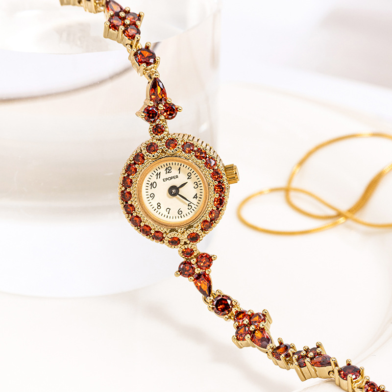 Red Garnet Bracelet Watch, Elegant and Luxurious, Compact and Stylish, Small Dial, Women's Watch with Diamonds, Fashionable and Versatile, Suitable for the Workplace