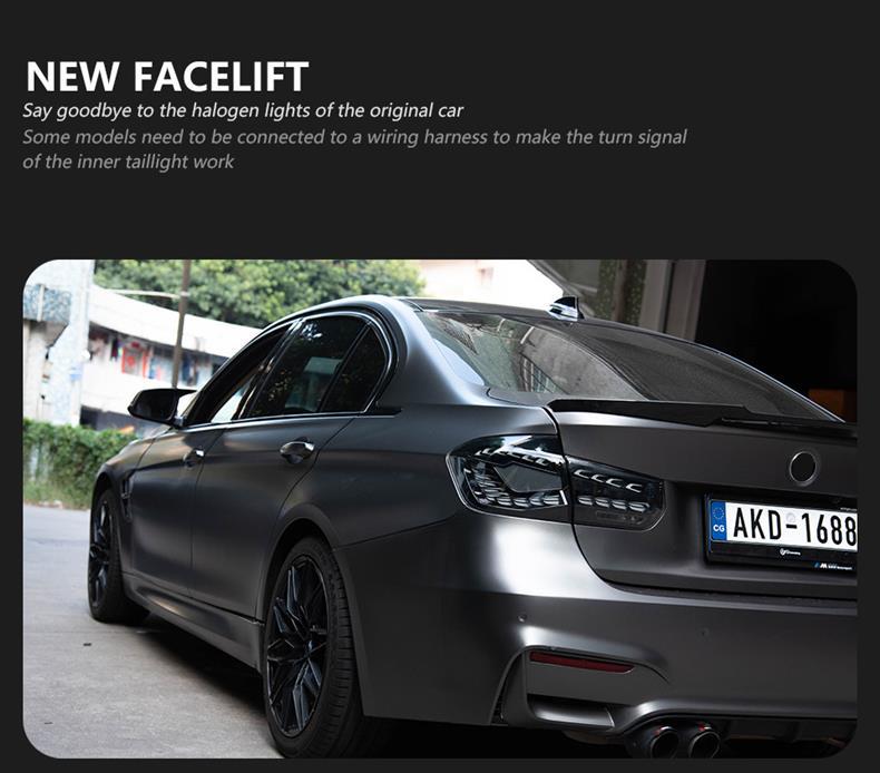 Specifically designed for BMW 3 Series F35 tail light assembly, F30 modified white dragon scale venom tail lights, sequential turn signals, and brakes