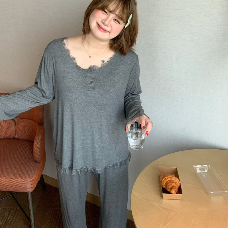 Modal gray lace pullover plus-size pajamas for women, extra-large women's loungewear Modal gray lace pullover plus-size pajamas for women, extra-large women's loungewear