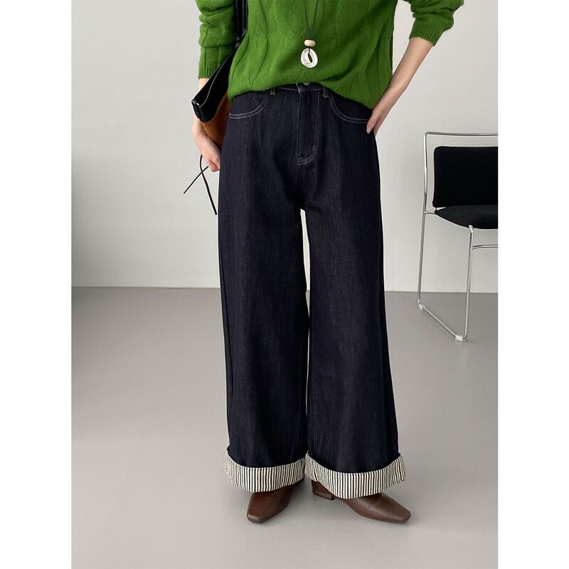 Striped Rolled Hem Thickened Jeans ~ Retro Washed High-Waisted Slimming Versatile Straight-Leg Pants Z9159