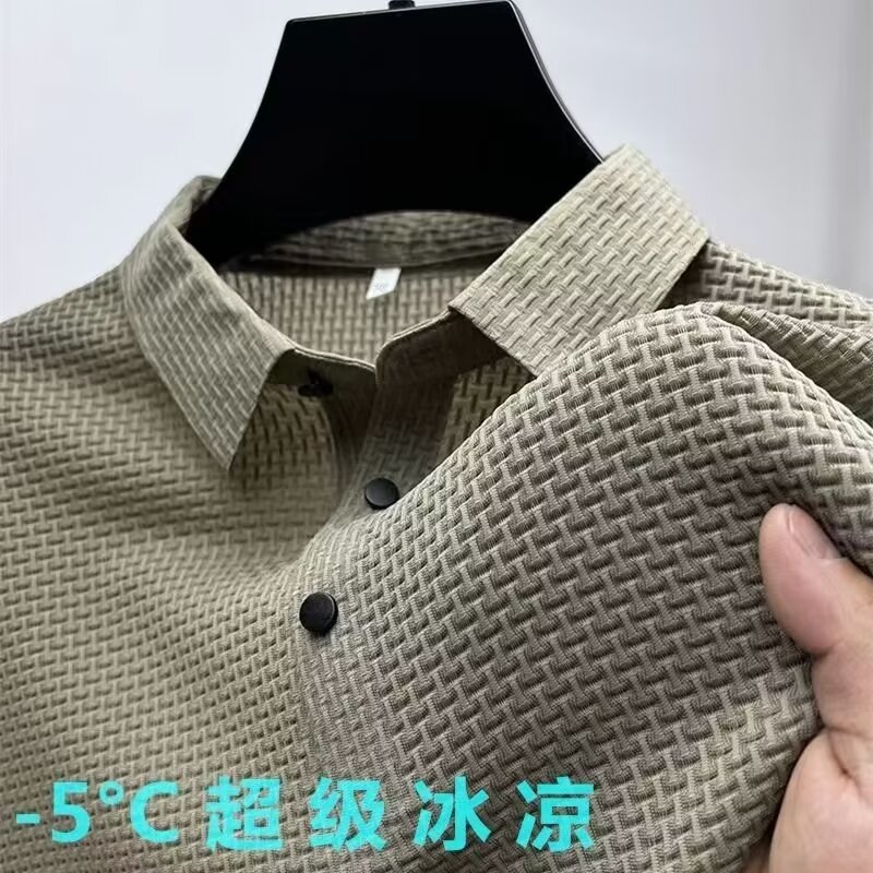 Camiseta de hielo de malla de alta gama cuello de camisa de hombre de color sólido de verano polo deslizante de media manga ropa de hombre