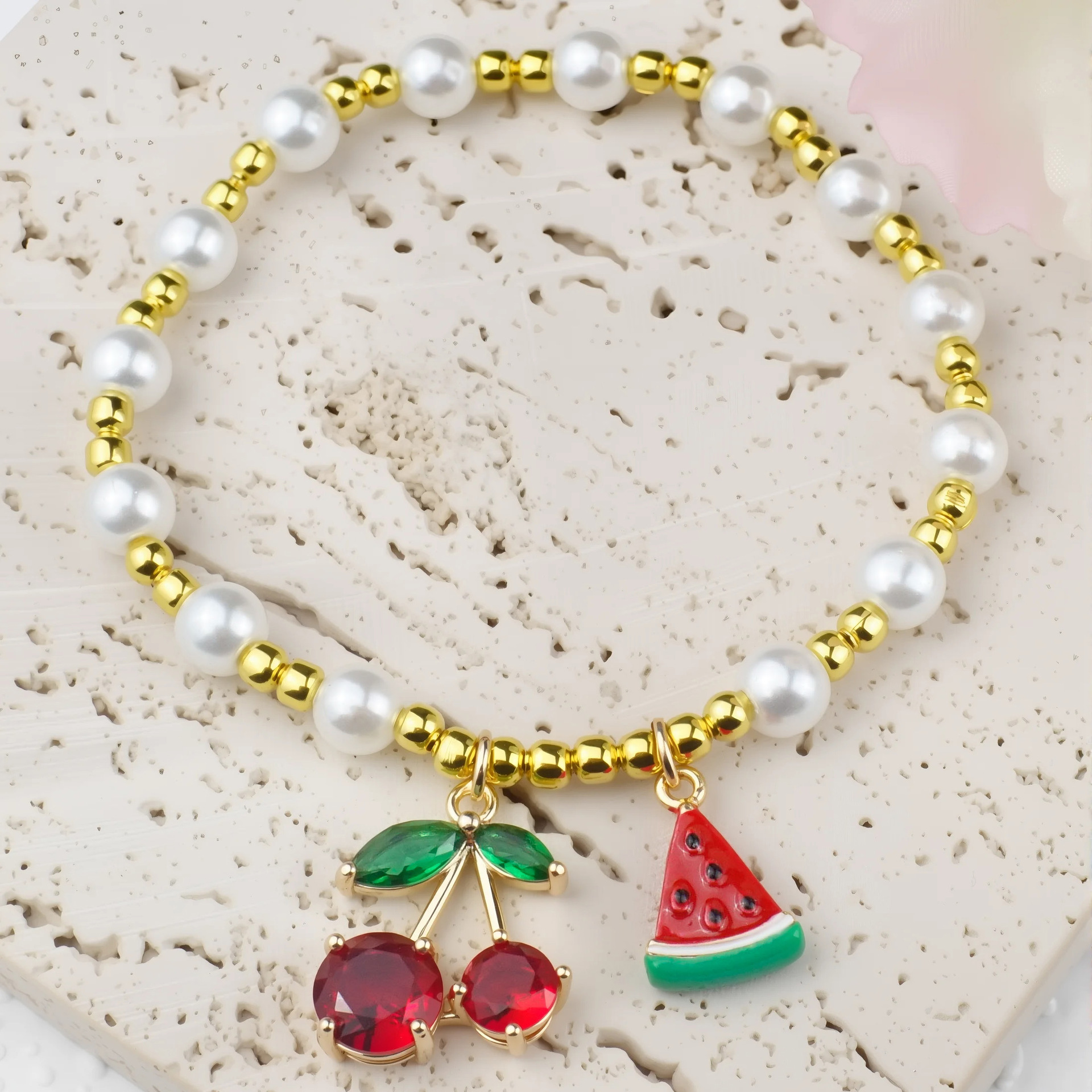 All Seasons Season Cute Cherry 304 Stainless Steel Beaded Chain Bracelets In Bulk