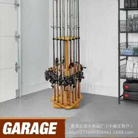 跨境木质鱼竿收纳架落地可旋转钓鱼竿抄网整理架商用钓鱼竿展示架