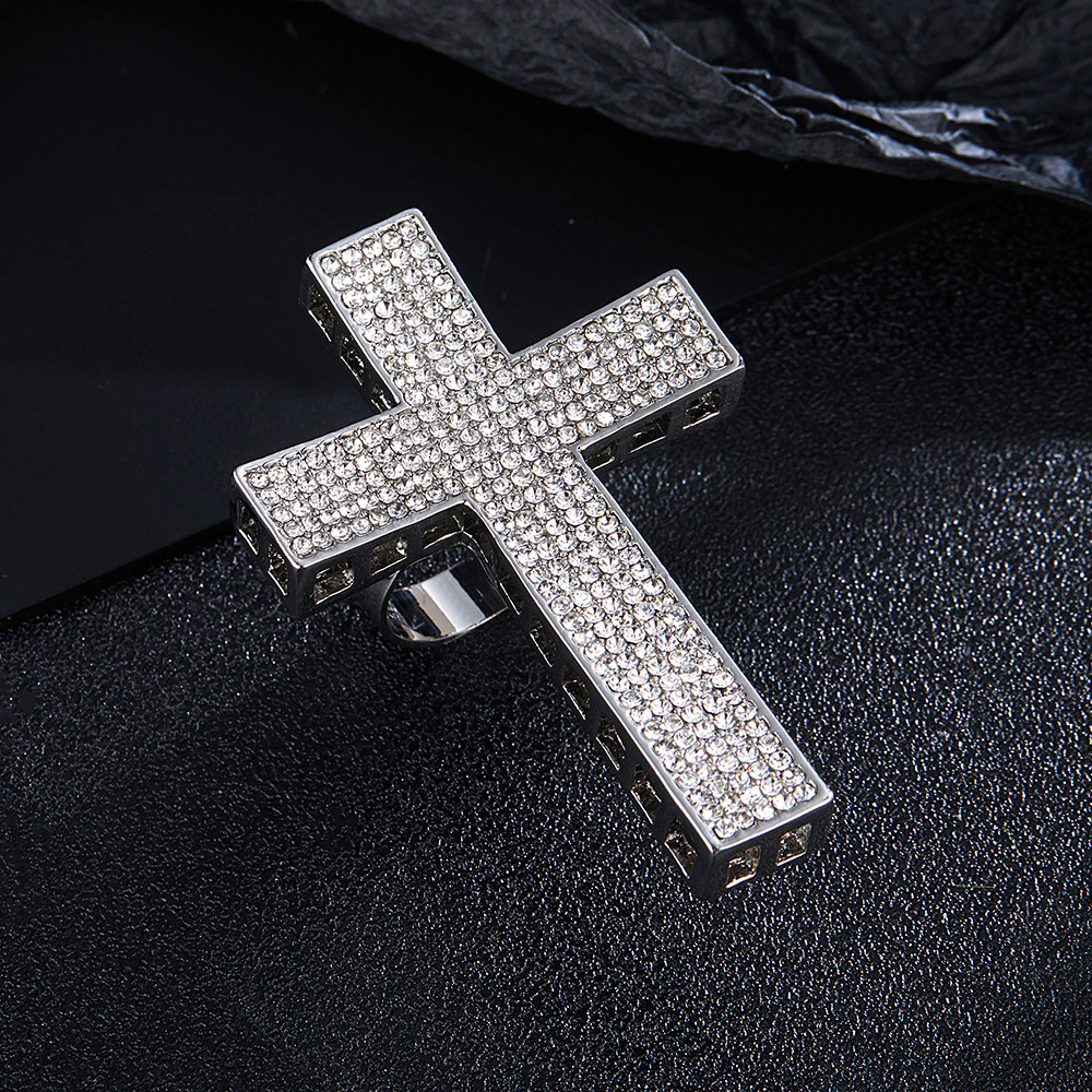 Anello aperto a forma di croce in lega versatile alla moda con diamanti_voghion.com