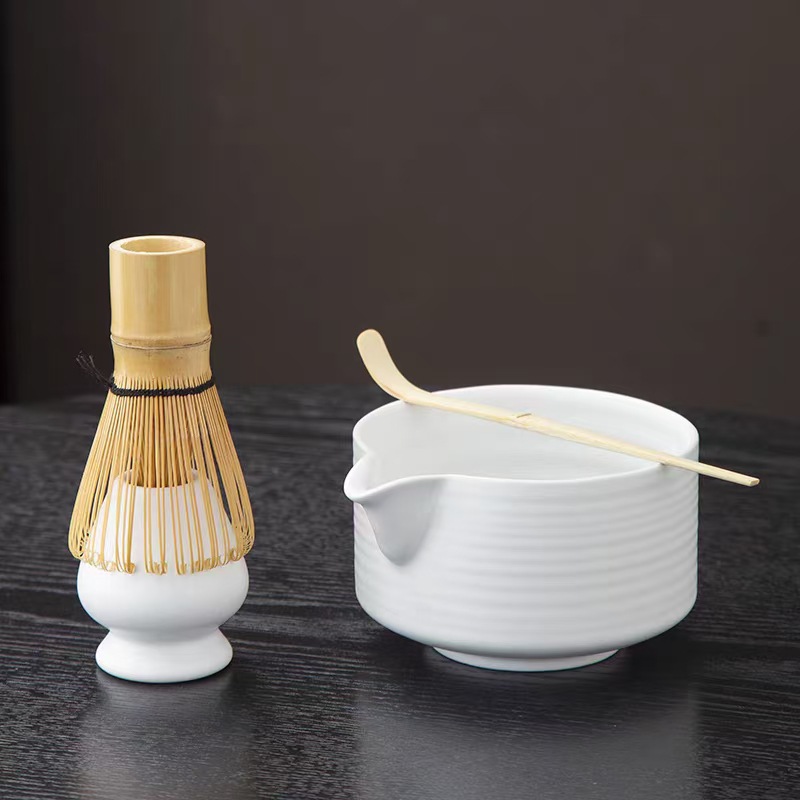 말차 세트-매트 화이트 가로 줄무늬-선물 상자