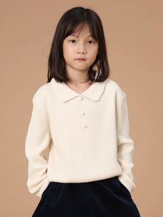 2024 Autumn Children's Autumn and Winter Baby Solid Color Polo Collar Girls' Bottoming Shirt Off-White Knitted Waffle Top