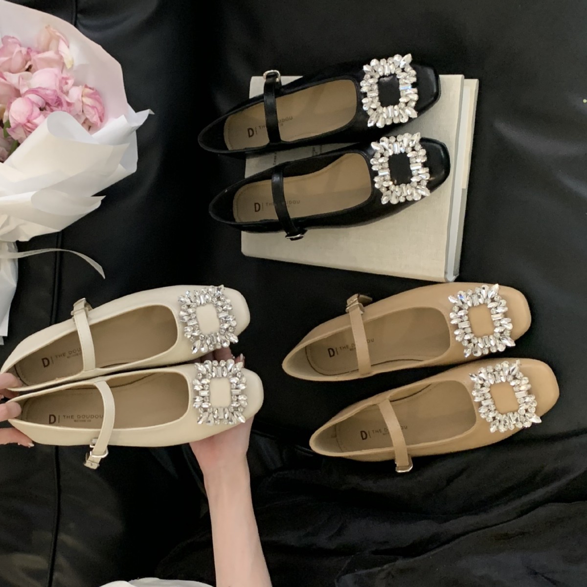 Elegant Mary Jane shoes square toe with rhinestones