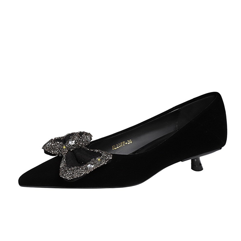 2377-H123 Korean version Xishi velvet shallow mouth wine glass order shoes for women, low heels, rhinestone bow, one foot, women's shoes