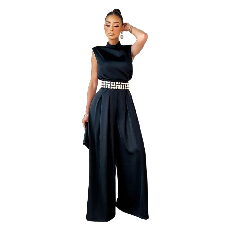 K10190 AliExpress ropa de mujer europea y americana 2022 nueva moda Pantalones de pierna ancha color sólido cuello alto sin mangas cintura mono