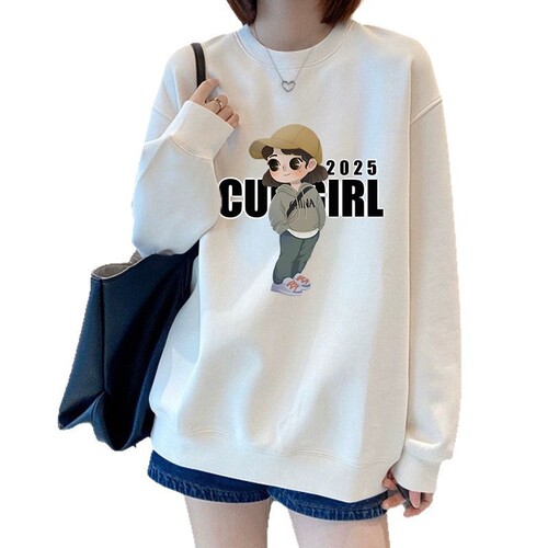 Loose and lazy white round-neck sweater for women's spring 2025 new popular long-sleeved shirt, fashionable all-match coat