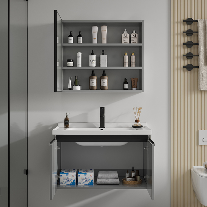 Engrosado espacio integrado de aluminio mueble de baño lavabo combinación de gabinete de cerámica montado en la pared de baño mesa de lavado