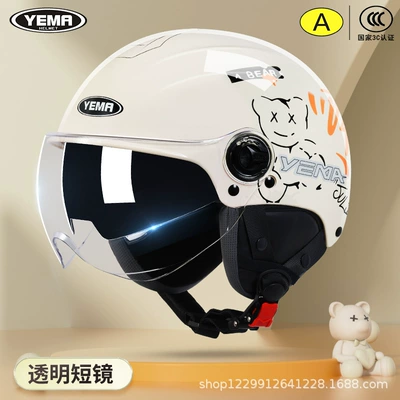 Mustang Helmet Electric Vehicle Women's Motosiklet kaskı (dəbilqə) - four-seasons-khaki-white-lazy-bear-transparent-short-mirror