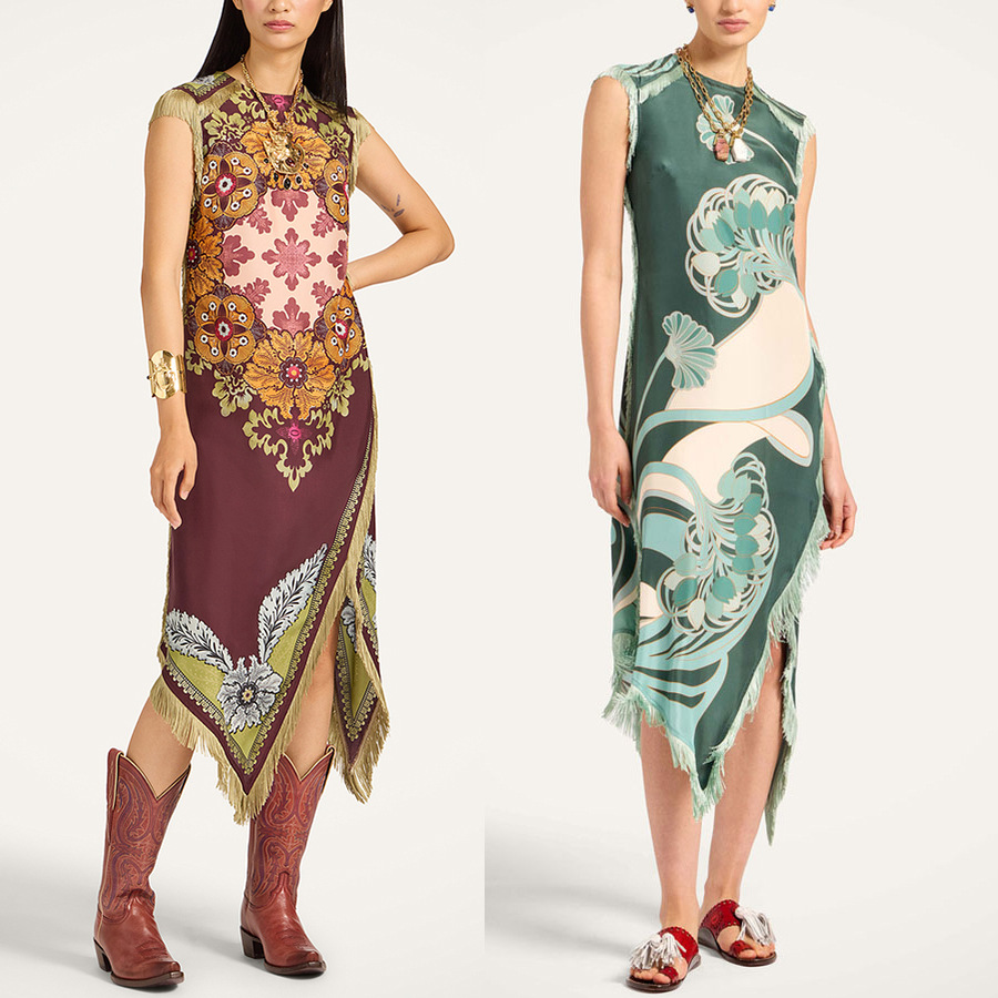 Cross-Border 2026 European and American New Style Tassel Positioning Print Dress Ins Satin Sleeveless Vacation Dress