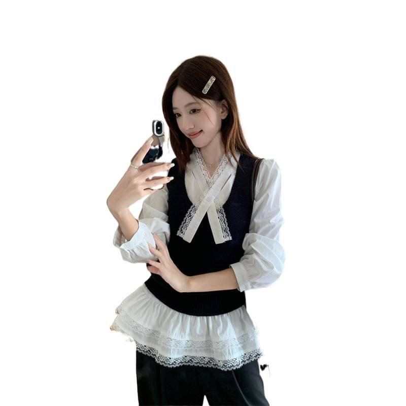 熹凤梨~舒芙蕾衬衫 韩系拼接蕾丝蝴蝶结宽松衬衫+美式百搭马甲|undefined