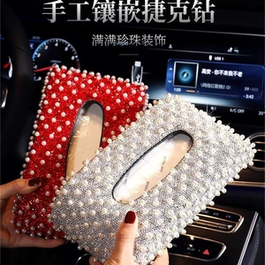 Diamond-studded pearl car napkin holder, car accessories tissue box cover, cute Korean-style car tissue box for women, seat-mounted