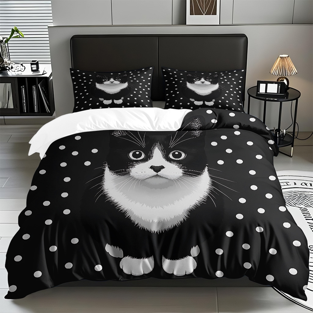 TEMU / JIT adorable gatito impresión digital suave set de colcha de edredón textil para el hogar se puede diseñar venta directa de fábrica