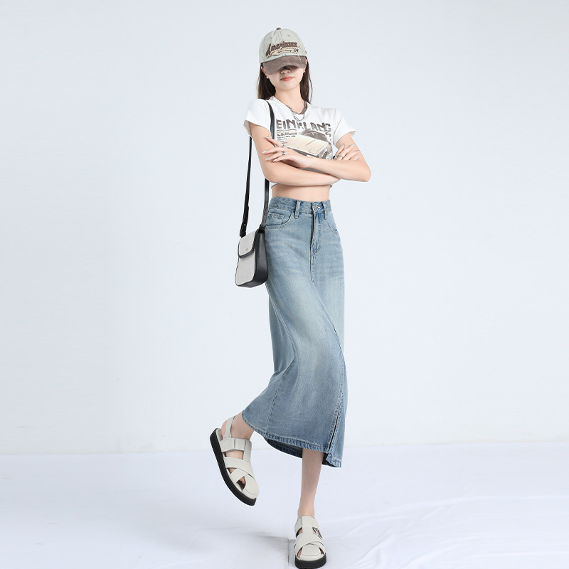 Tencel Denim Skirt Women's Summer Thin High Waist Loose Split Ice Silk A- Line Mid-Length Hip Skirt Tencel Denim Skirt Women's Summer Thin High Waist Loose Split Ice Silk A- Line Mid-Length Hip Skirt