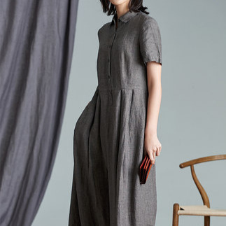 New Original Design Women's Pure Linen Waist-Cinching Slimming Dress, Summer Elegant Over-The-Knee Long Dress