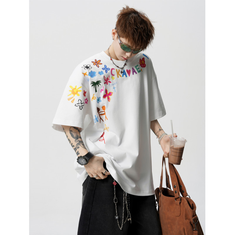 High Street Dopamine Hand-Painted T-Shirt for Men, Spring American Design, Couple Print Short-Sleeve Trendy Brand Versatile Casual Top High Street Dopamine Hand-Painted T-Shirt for Men, Spring American Design, Couple Print Short-Sleeve Trendy Brand Versatile Casual Top