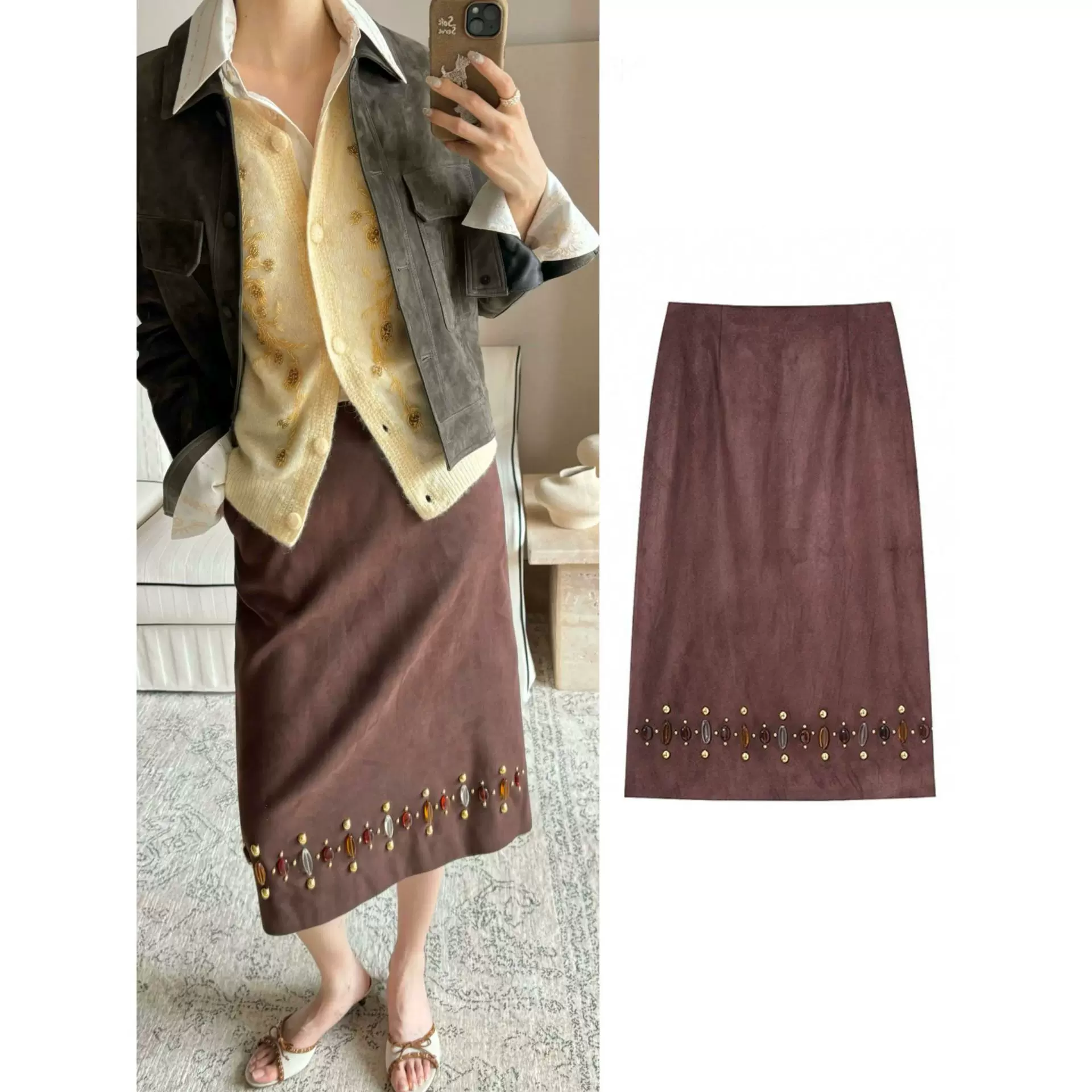 四媛设计感纯手工钉珠宝石装饰麂皮绒半身裙秋冬法式复古半裙1013