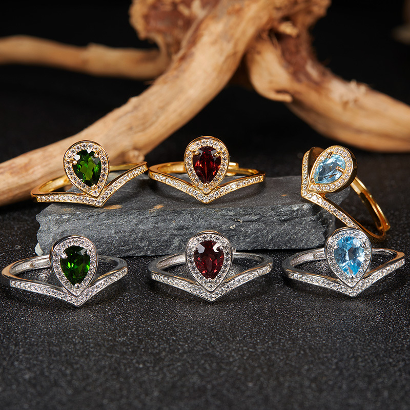 S925银天然石榴石指女手工精致镶透辉石托帕石彩宝首饰直播批发