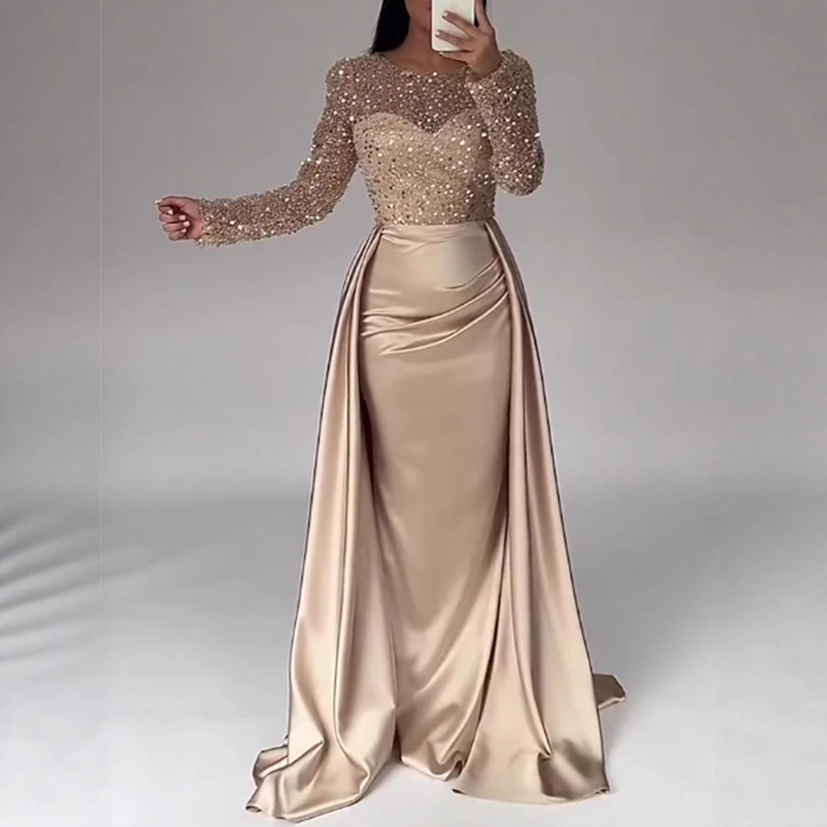 2025欧美跨境女宴会长袖气质名媛年会主持人气场女王亮片晚礼服