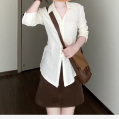 早秋穿搭小个子V领收腰法式别致长袖修身衬衫上衣女半身裙两件套