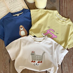 韓系の洋気の赤ちゃんの純綿の通気性の半袖のtシャツ2025夏服の男女の子供の漫画の百合の半袖のシャツの上着