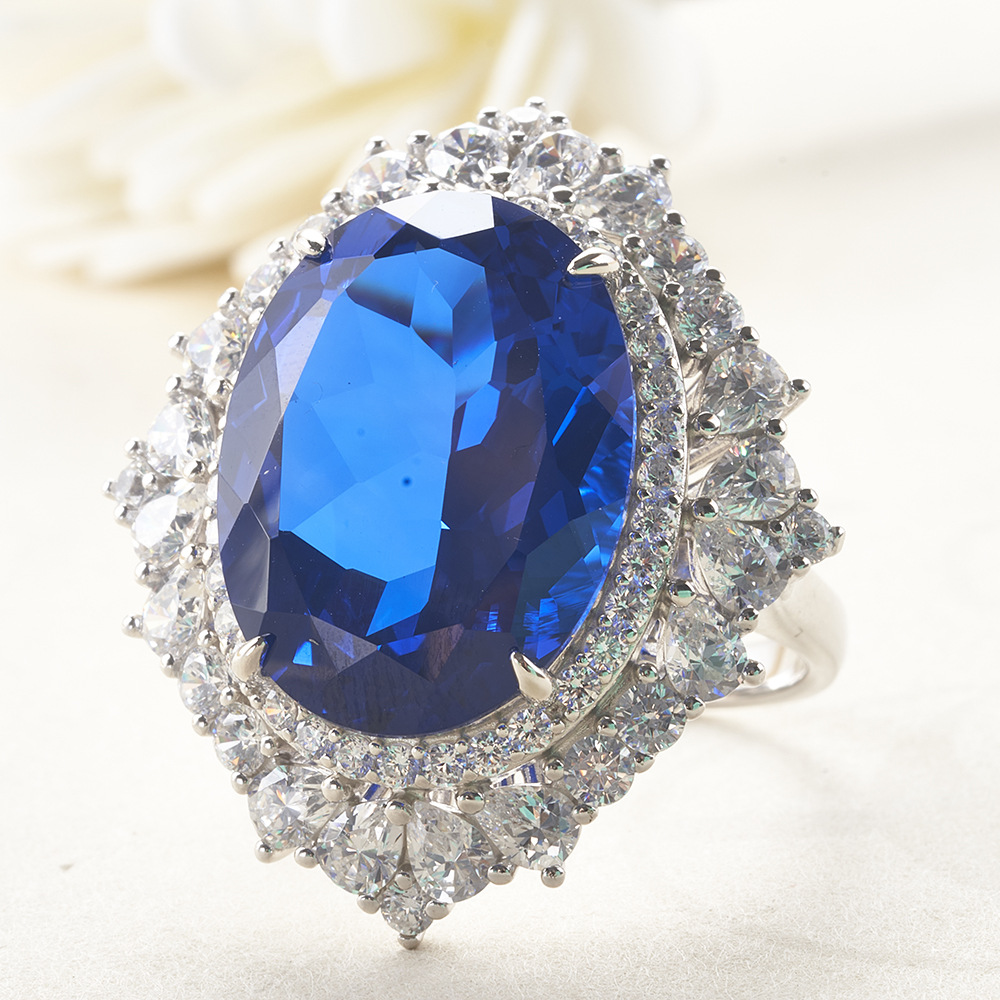 S925 plateado de cinco capas de espesor incrustaciones de platino sintético 30 quilates anillo de zafiro emperador transfronterizo en vivo para especial