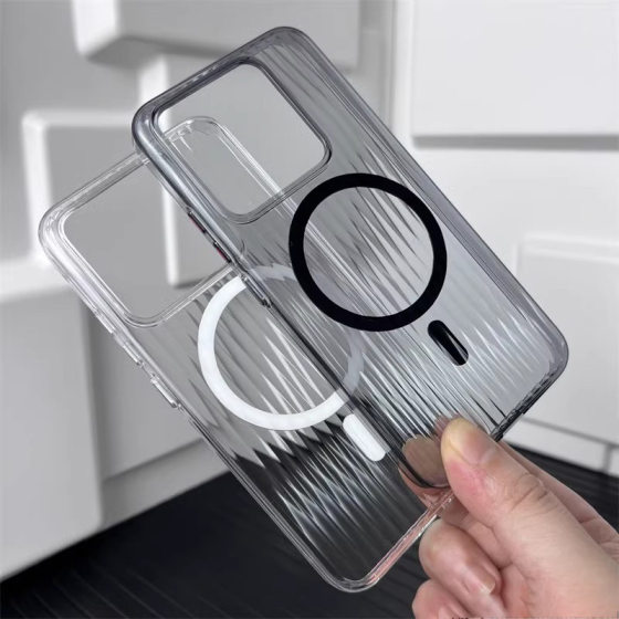 For Xiaomi 14Ultra Mobile Phone Case Transparent Magnetic Suction Corrugated Xiaomi 15Pro Anti-Drop Frosted Simple Striped Hard