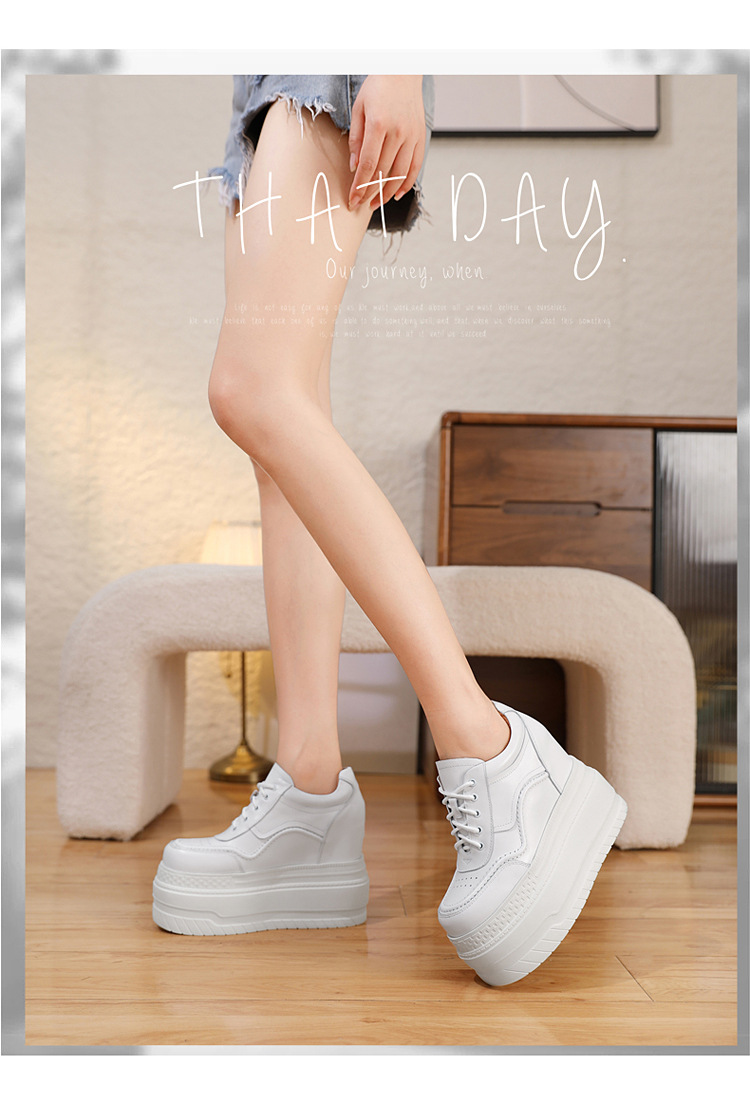 Giày trắng da thật tăng chiều cao 12cm, đế xuồng platform đa năng — Trắng đen-10 chi tiết 8