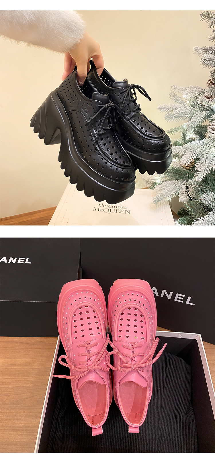Sandal nữ cao gót đế xuồng da thật hở mũi buộc dây — màu đen, màu hồng, màu trắng ngà, màu vàng chi tiết 10