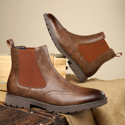 Chelsea boots with Martin design, men's new brogue-embellished business high-top slip-on pointed-toe leather boots in English style