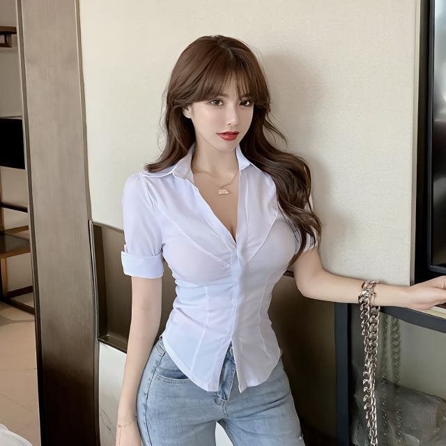 Color Goddess 2025 V Neck Slim Waist Ol Shirt Sexy Hot Girl Jk Low-Cut Shirt Tight Top Women's Clothing