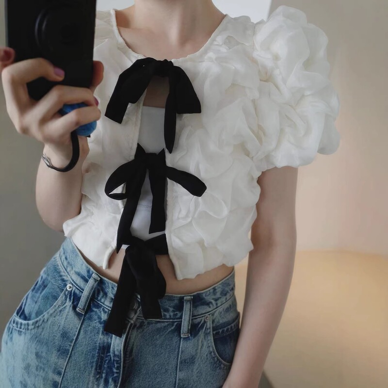 Summer New Style Japanese Retro Fashionable Strappy High-Waisted Top Slimming Cute Casual Elegant Shirt for Women
