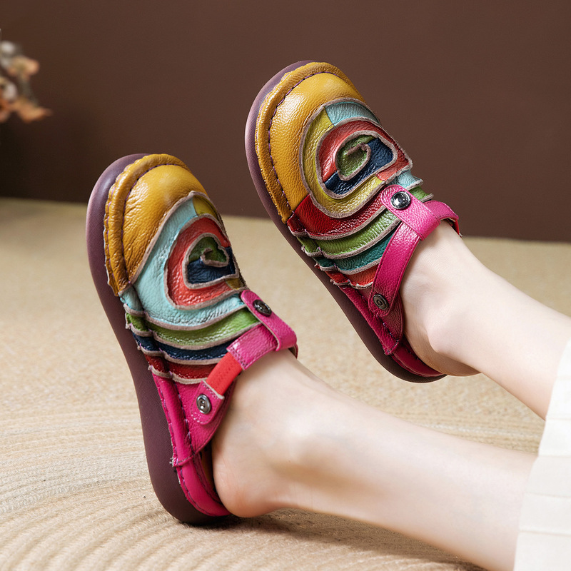 Pastoral Rainbow Color-Blocked Leather Slippers for Women, Stitched Flat Closed-Toe Sandals, Ethnic Style Closed-Toe Slippers for Women, Suitable for Outdoor Wear