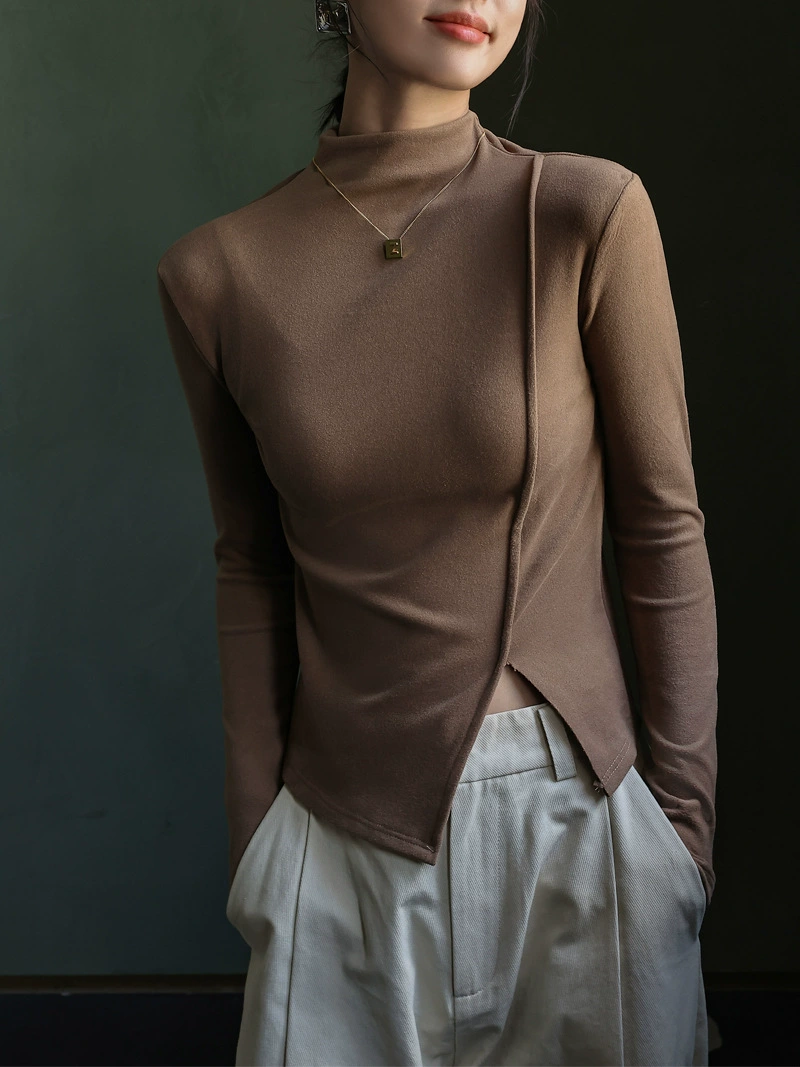 [Базовое пальто из Кашемирового протеина] Бархатная Базовая рубашка Micro-Mide с полувысоким воротником, Женская осенне-зимняя внутренняя флисовая подкладка с длинными рукавами