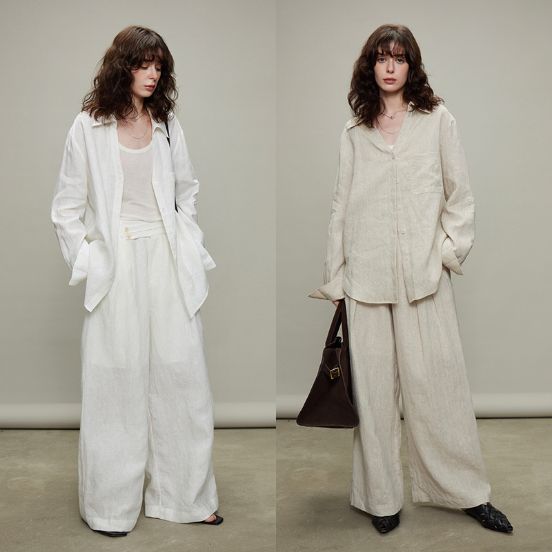 【Old Money Minimalist Style】Relaxed Old Money Linen Long-Sleeve Sun Protection Shirt and Casual Pants Set for Women, Slim Fit Wide-Leg Pants