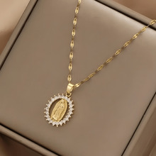 欧美ins简约圣母玛利亚项链男女时尚金色镶锆花边镂空吊坠不掉色