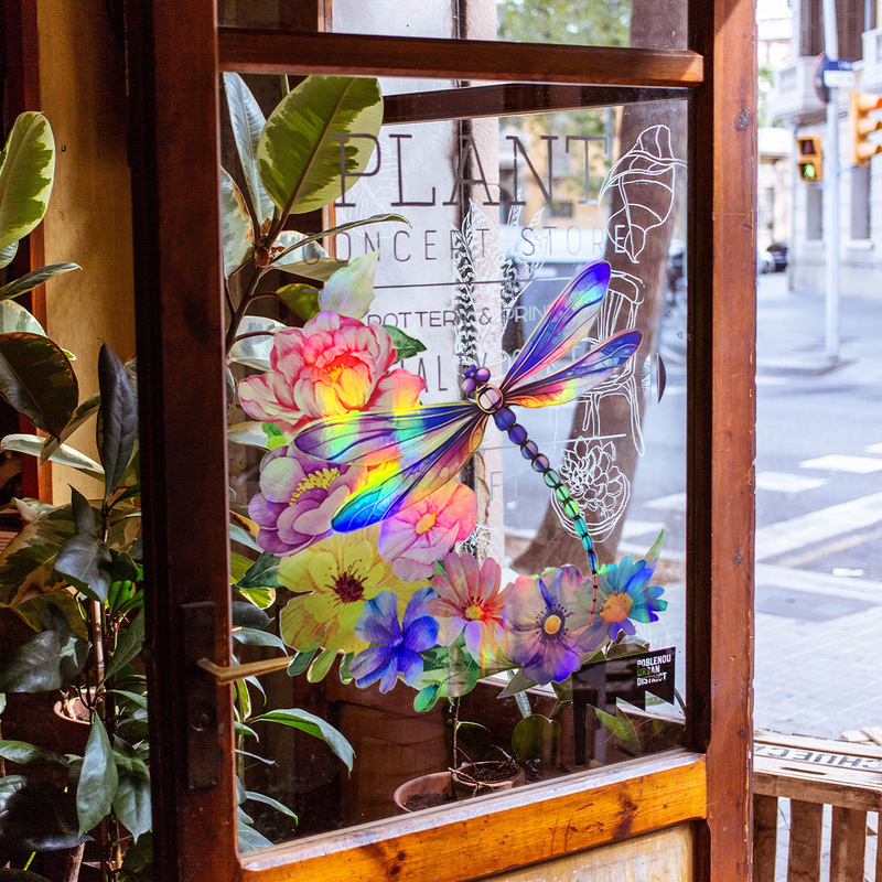 LS13517 laser material gradient colorful dragonfly flower wall stickers viewing angle different patterns different colors